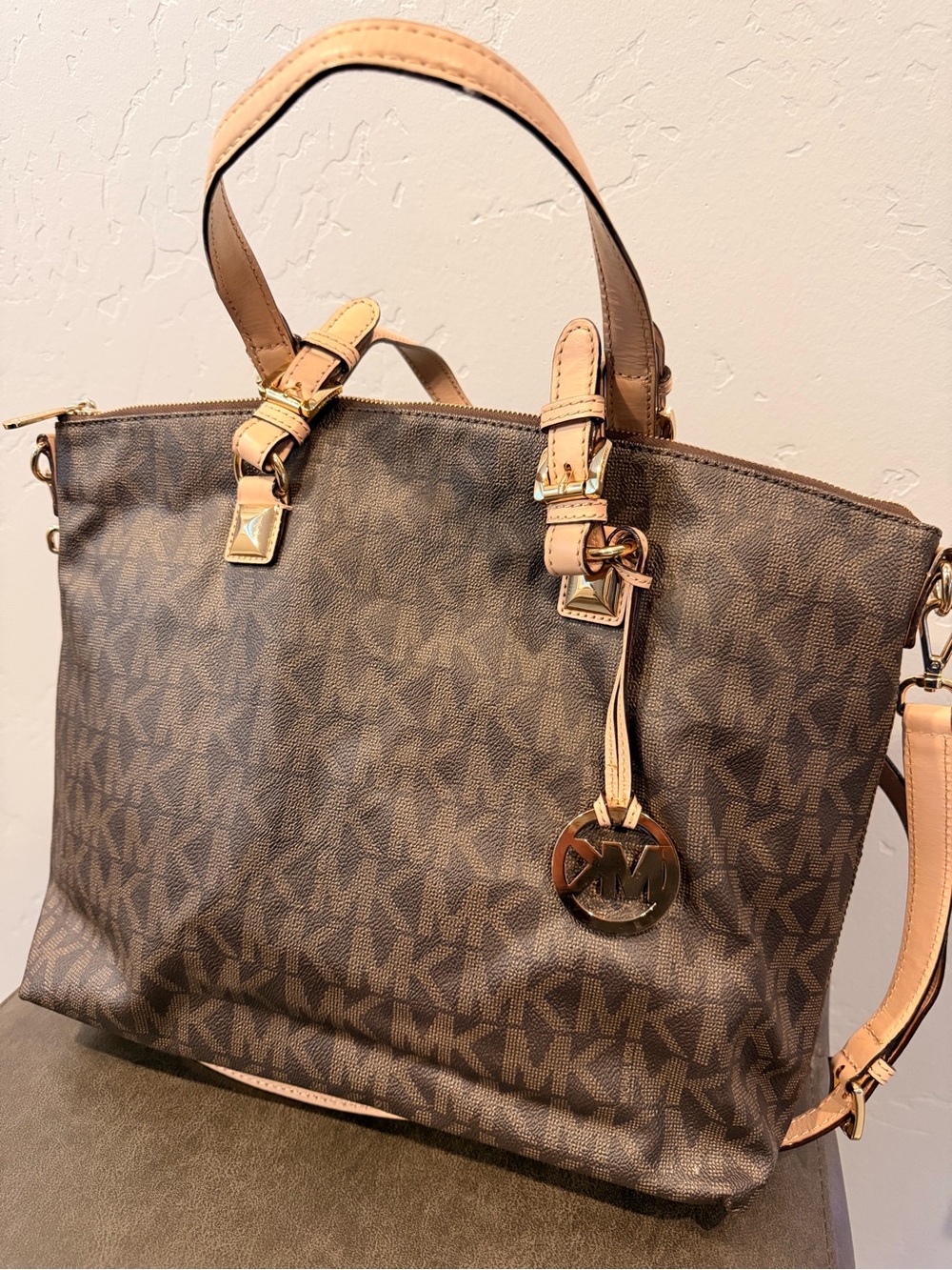 Michael Kors Brown MK Logo Tote with Tan Leather Trim